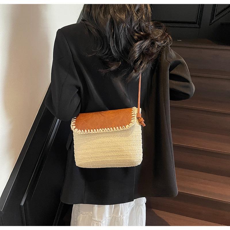 Spring and summer new fashion leather cover shoulder messenger bag women's casual versatile beach woven bag