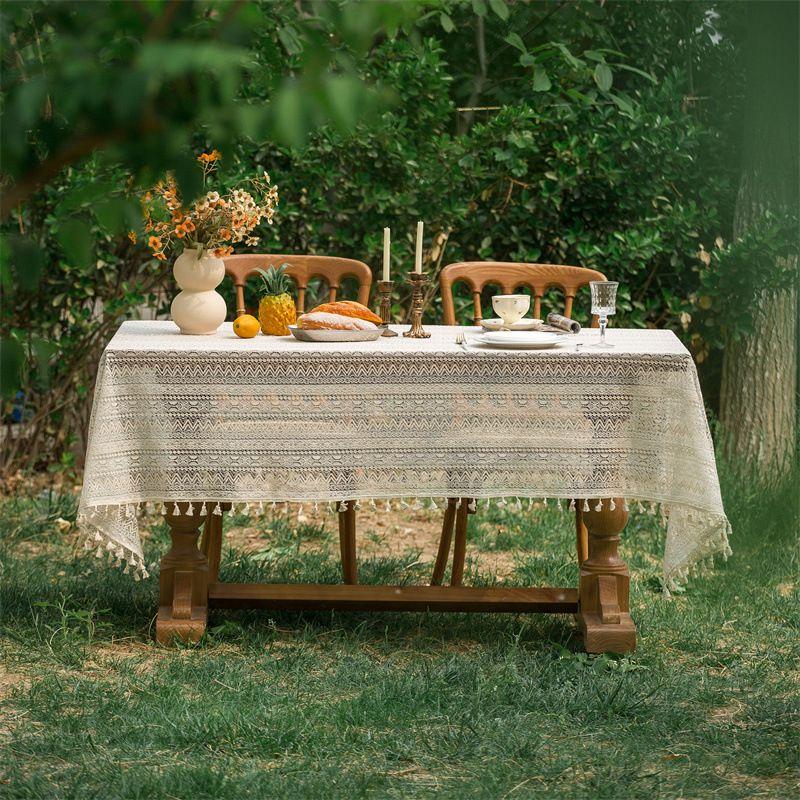 

Tablecloth French Pastoral Beige Cut Out Lace Crochet Rectangular Table Cloth Cover Towel Photo Background Fabric Craft Tablecloth Wavy semicircle flower + tassel 60 * 60cm