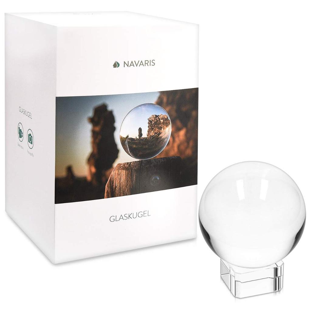 Navaris Glass Sphere for Photography - Glass Photo Ball with Stand - K9 Clear Crystal Ball for Ornamental Decoration - 80mm Diameter
