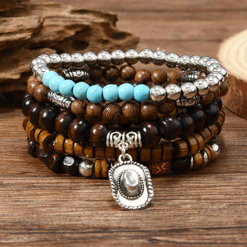 Turquoise Beaded Multi-layer Elastic Cord Wooden Bead Bracelet Set for Women