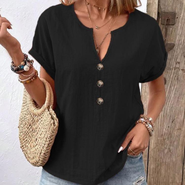 Summer Casual Short Sleeve V Neck Button Down Solid Color Women Shirt Top