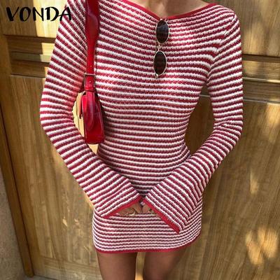 Dámske vintage okrúhly výstrih dlhý rukáv pruhované priliehavé šaty sveter