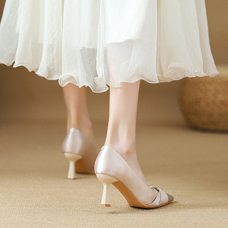 Matching high heels satin temperament thick heel light color women's shoes new single shoes spring and summer