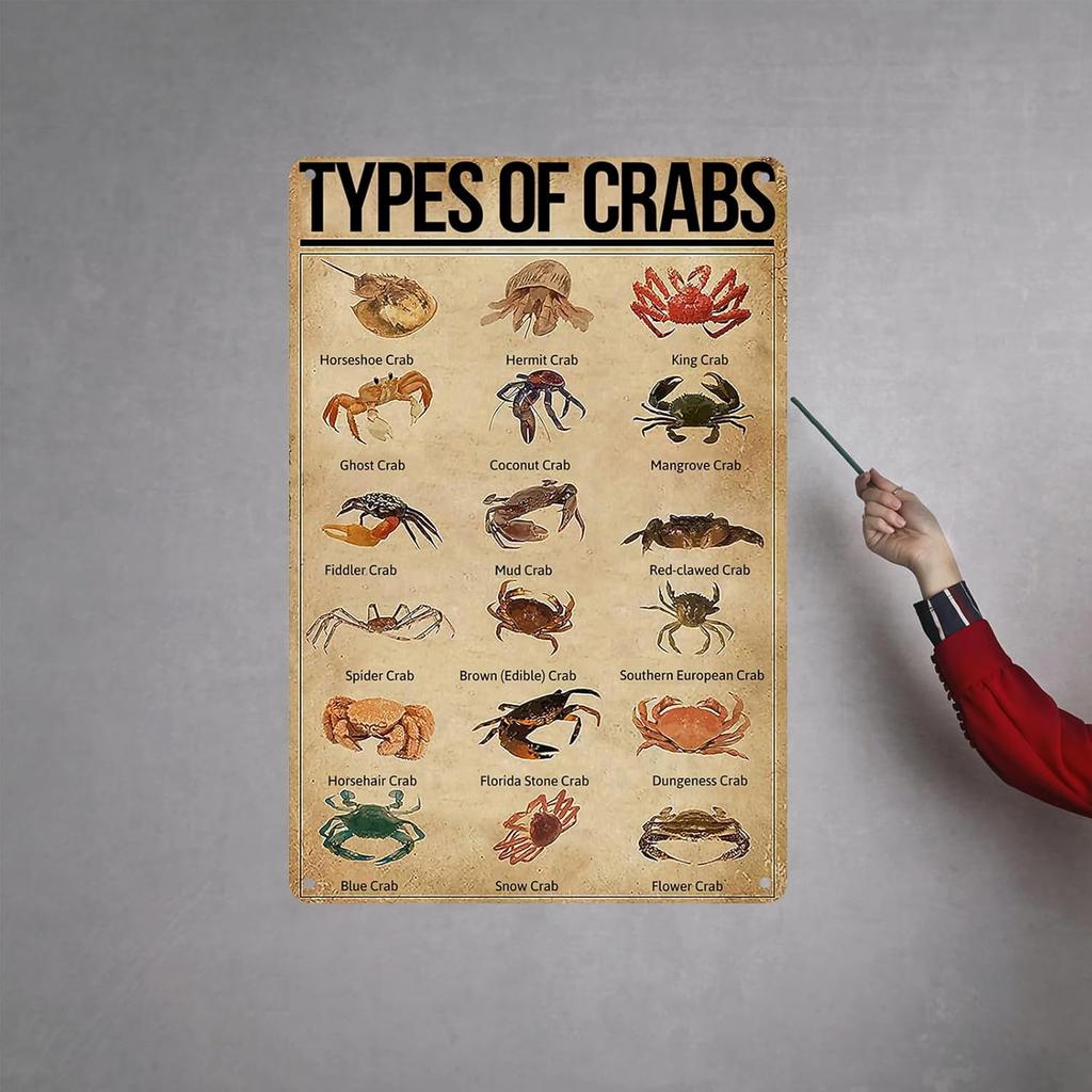 HYBLOM Vintage Types Of Crabs Metal Sign - Educational Crab Breeds Art Print for Home & Kitchen Decor, Retro Tin Wall Sign for Crab Lovers,