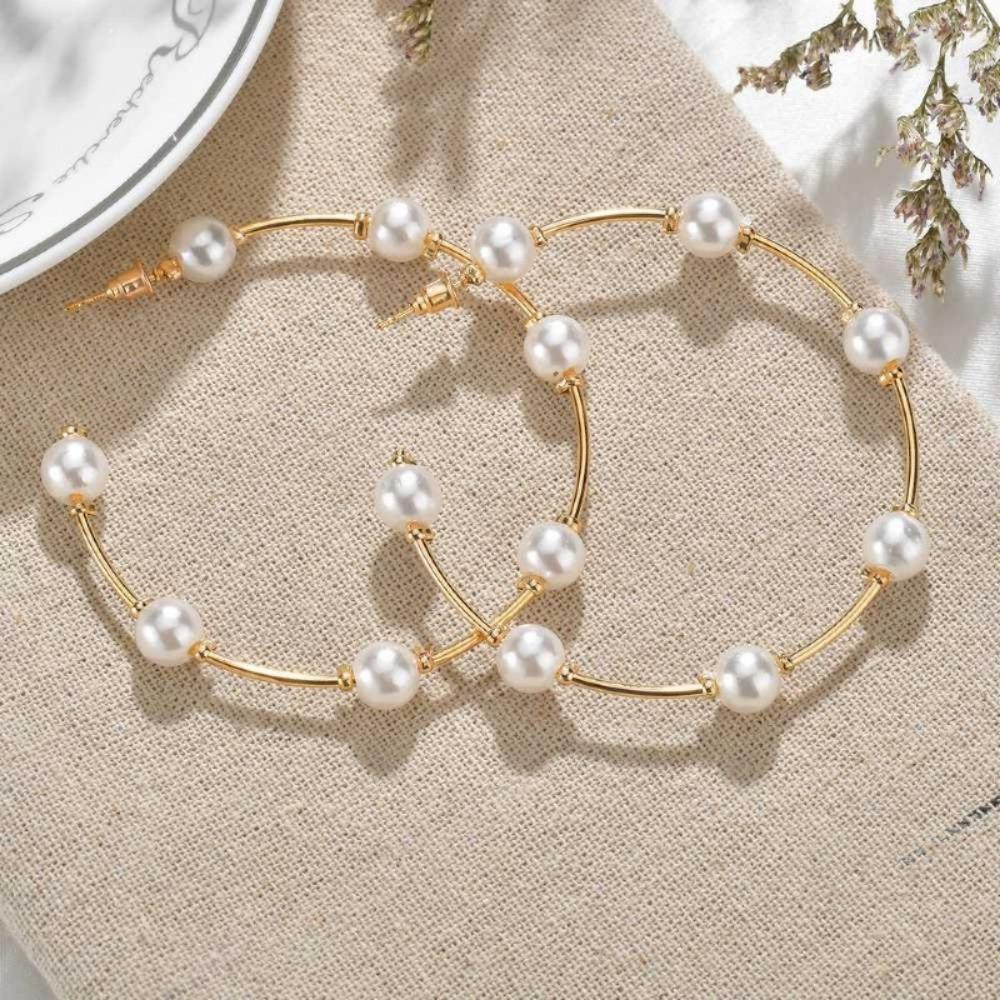 Imitation Pearl Big Hoop Earrings For Women Oversize Jewelry Gold Color
