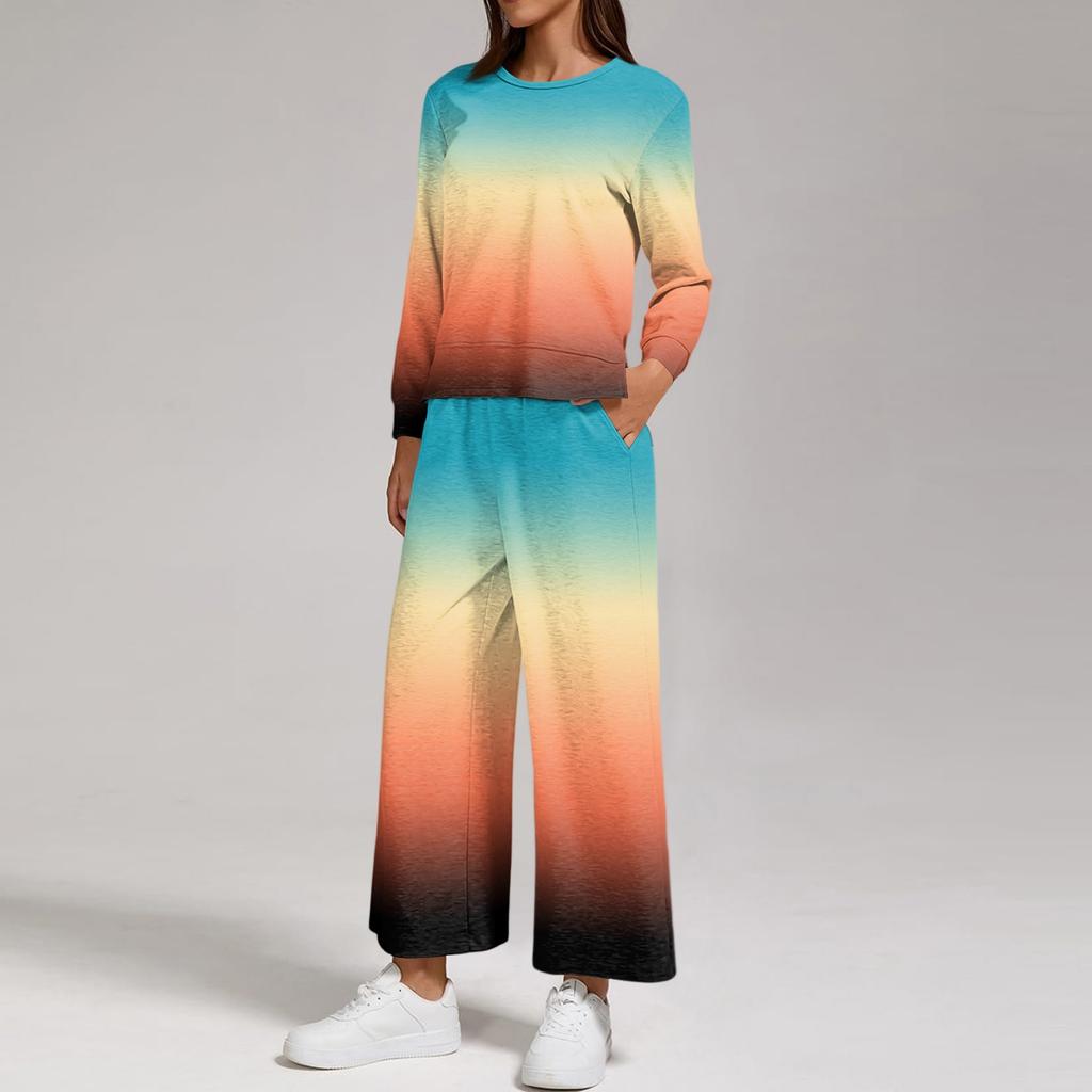 Women's Fashion Round Neck Loose Fit Printed Sweatshirt and Jogger Pants Set with Side Split Hem