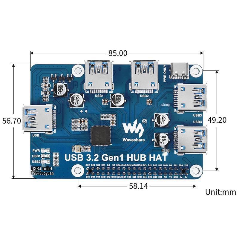 Raspberry Pi 4B/3B+ 4-Port USB 3.2 Gen 1 Driver-Free Hub Expansion Board