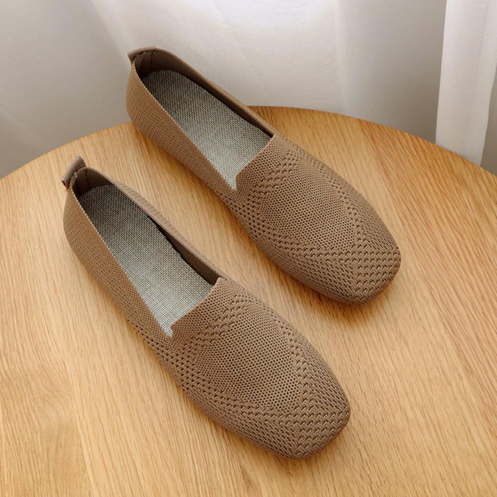 Fashion Womens Knitted Fabric Flat Shoes 2025 Spring Autumn Square Toe Soft Sole Comfortable Big Size Flats Shoe Women Ladies Shoes