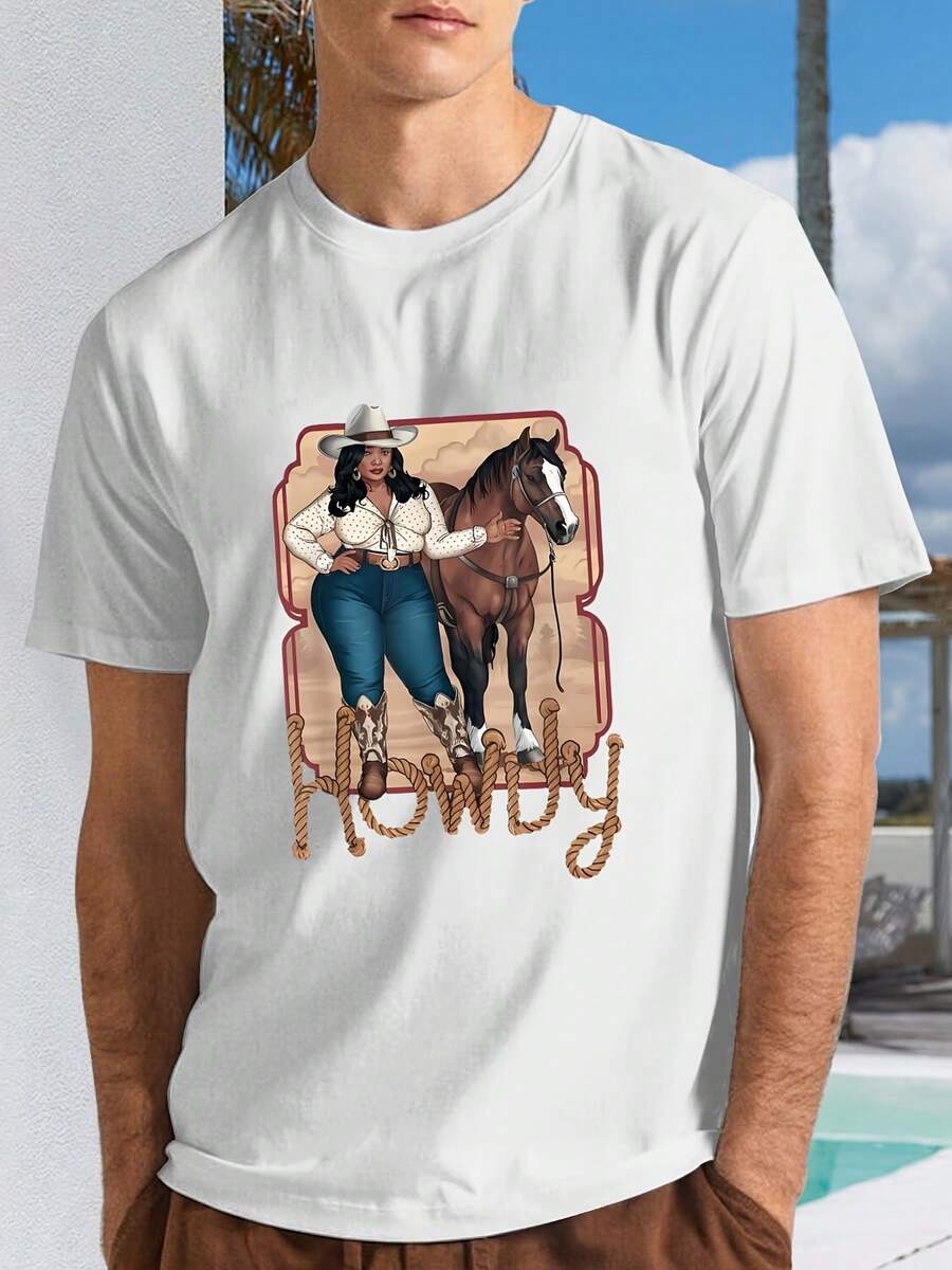 

Unisex Western Boots Graphic T-Shirt, Black White Casual Round Neck Tee S