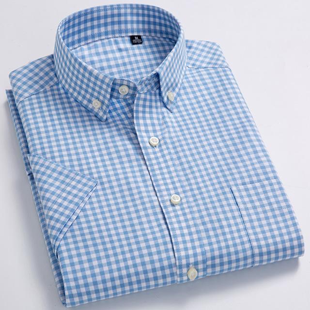 Men's Fashion Plaid Checkered Short Sleeve 100% Cotton Shirt Button-collar Holiday Youthful Striped Summer Casual Gingham Shirts