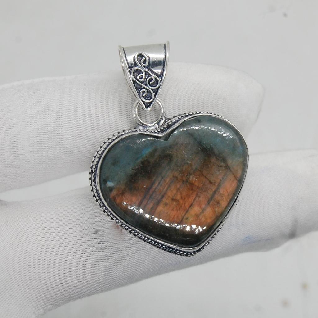 Heart Shape Red Blue Labradorite 925 Sterling Silver Pendant, Boho Style Labradorite Pendant Jewelry