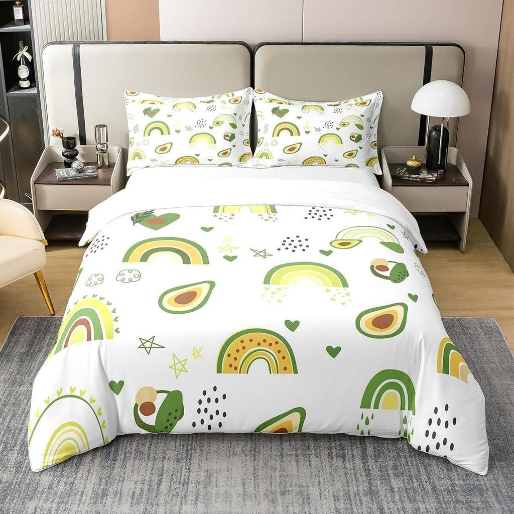 Fruit Duvet Cover Set, Cute Cartoon Avocado Decor 3 Piece Bedding Set with 2 Pillow Shams, Queen King Full Size, Paprika Green