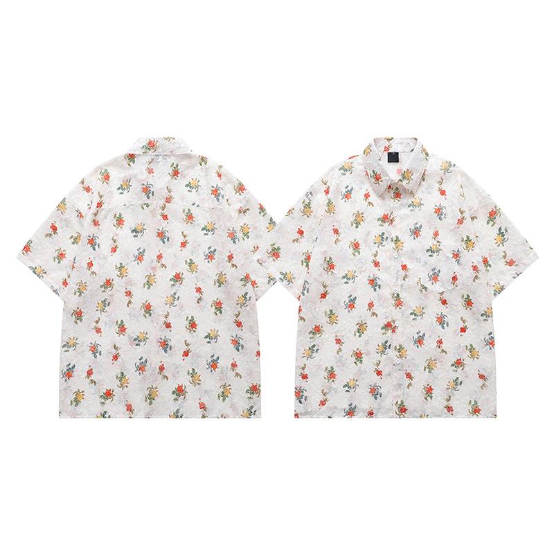 Camisa de manga curta com lapela floral damasco, temperamento simples retrô, design estilo Hong Kong, para homens e mulheres, para parecerem magros no verão