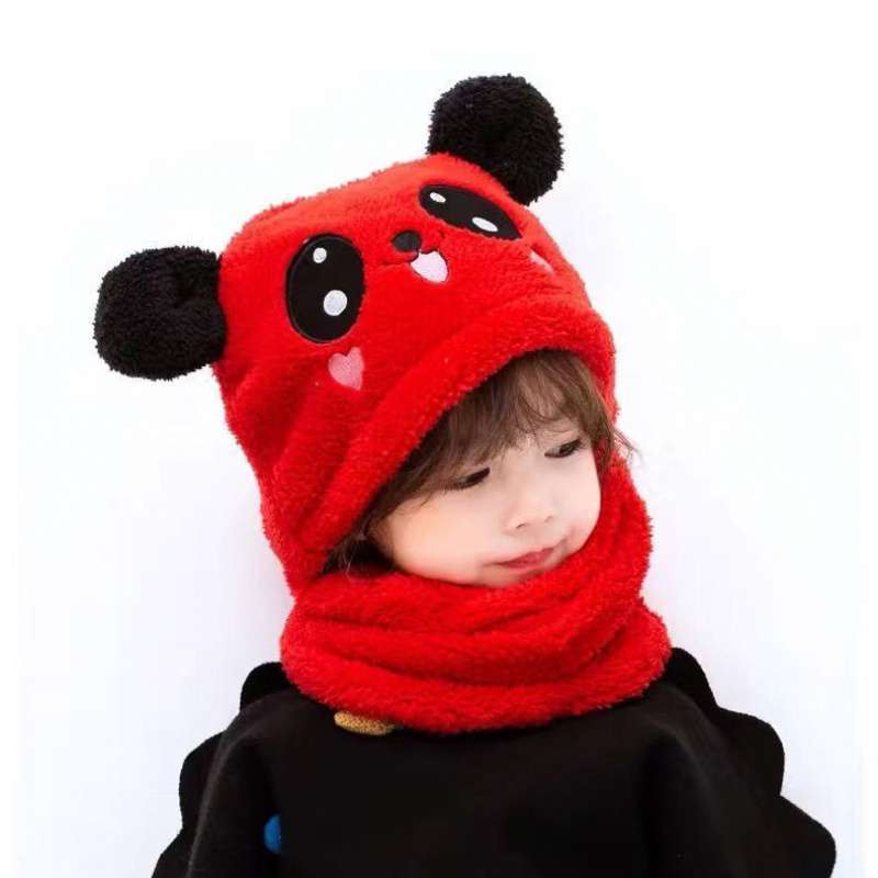 1 Set Autumn Winter Cute Plush Children Scarf Hat 2 In 1 Boys Girls Fleece Warmth Hooded Scarf Set