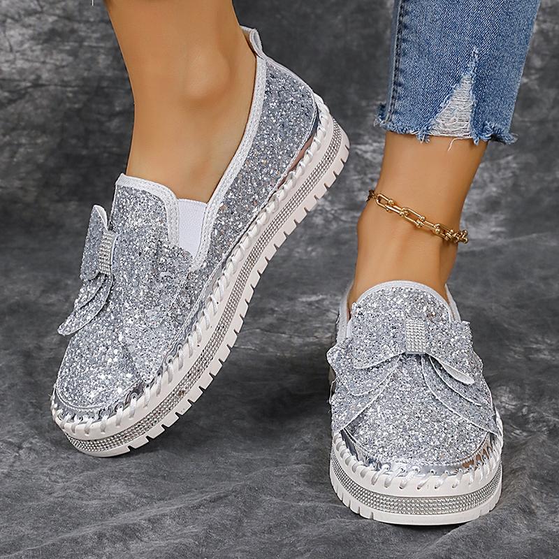 Fashion Women's Gold Silver Bowtie Sequin Flats Shiny Crystal Thick Sole Platform Loafers Ladies Light Comfort Non Slip Casual Shoes