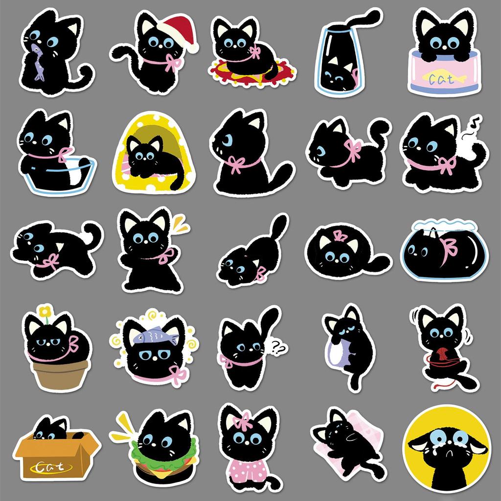 50 Bowknot Little Black Cat Cute Cartoon Stickers for Decorating Suitcases, Water Bottles, and Phone Cases