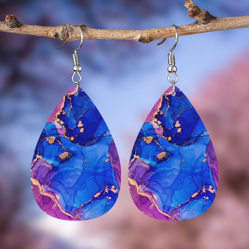 2D Flat Lightweight PU Leather Printed Teardrop Earrings, Blue-Purple Gradient Marble Pattern & Black Rose Design, Women's Fashion Pendant Earrings
