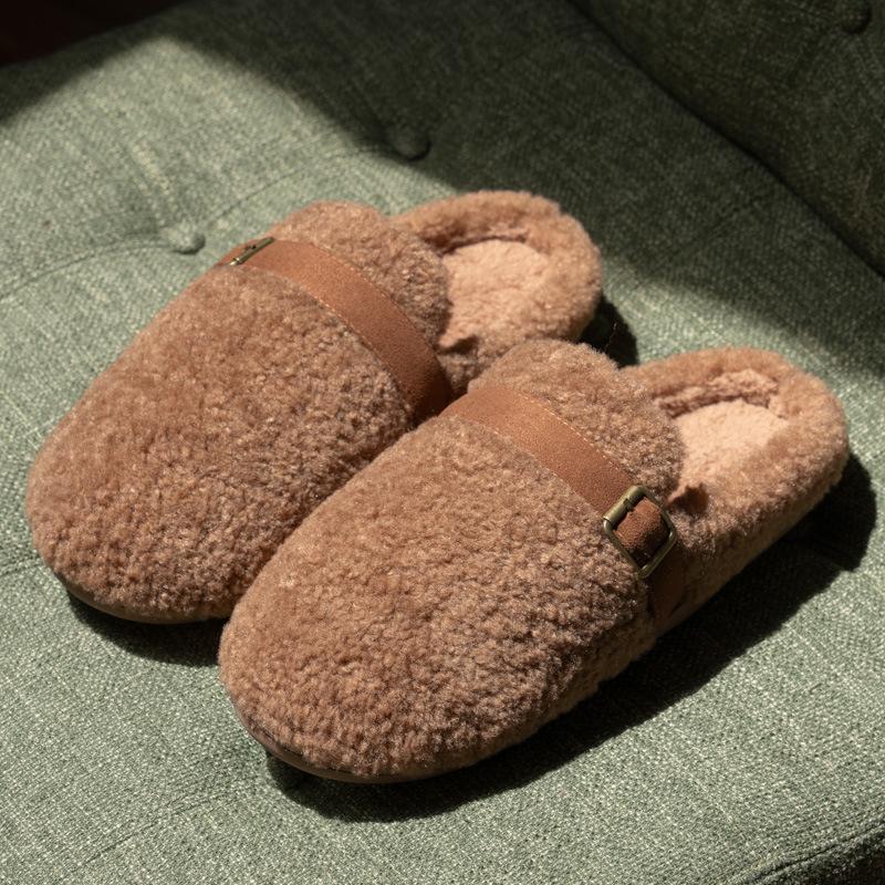 Internet celebrity white flat bottom fluffy slippers 2025 new autumn and winter outer wear velvet soft bottom cotton slippers