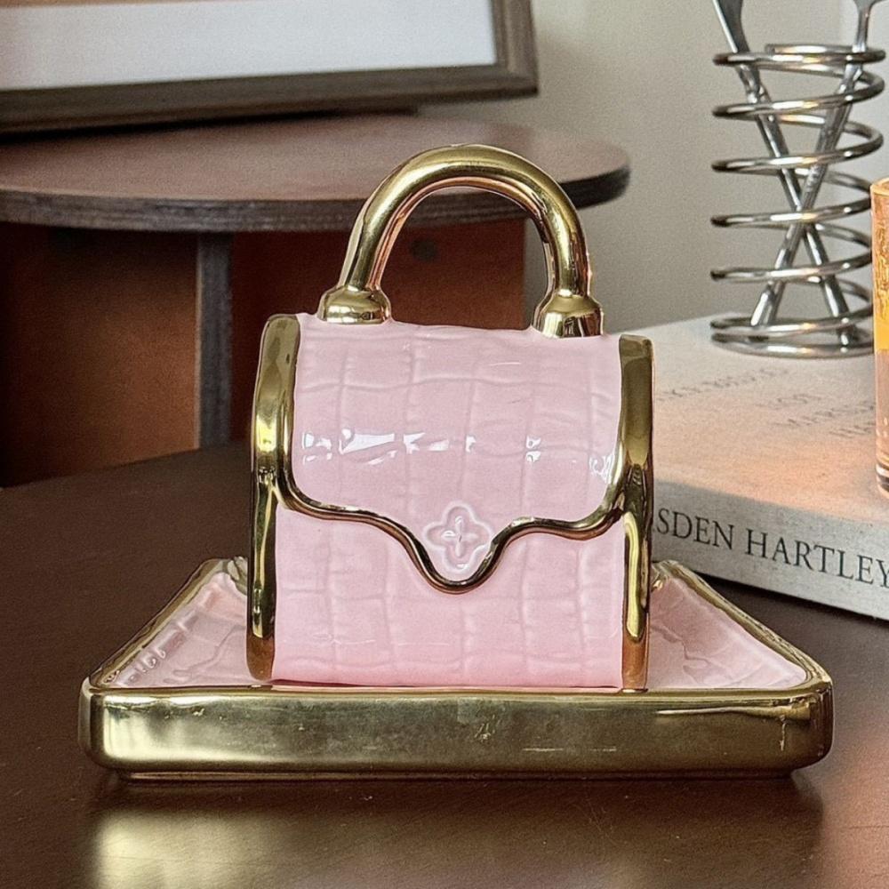 

Cute Creative Coffee Ceramic Mug Handbag Purse with Saucer Travel Tea Cup for Women - Durable And Portable Drinkware 301-400ml рожевий