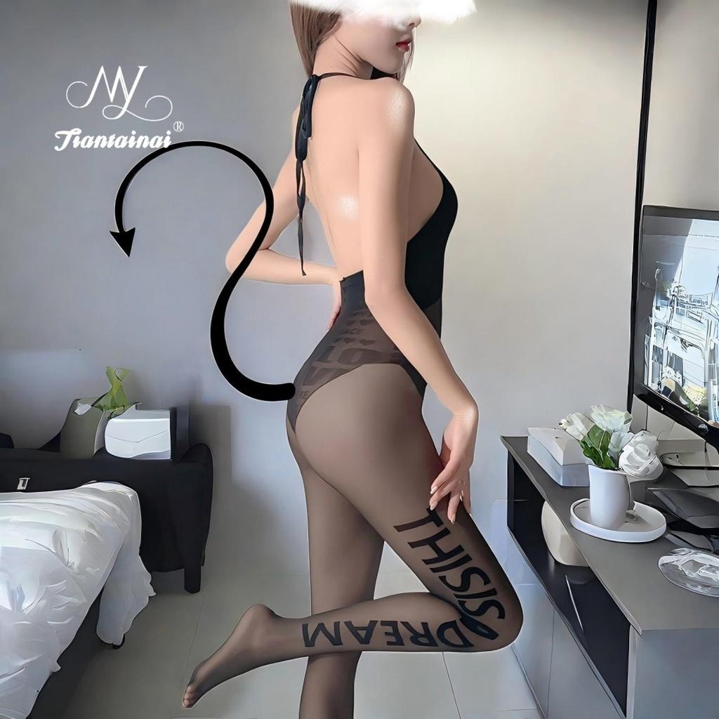 Sexy underwear Sexy open-crotch stockings onesie Transparent seduction suit Pure desire leak back alphabet socks can tear women