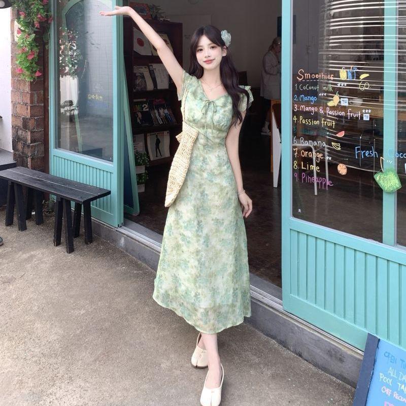 Womens Floral Print Midi Dress With Flutter Sleeves V-Neck Vacation