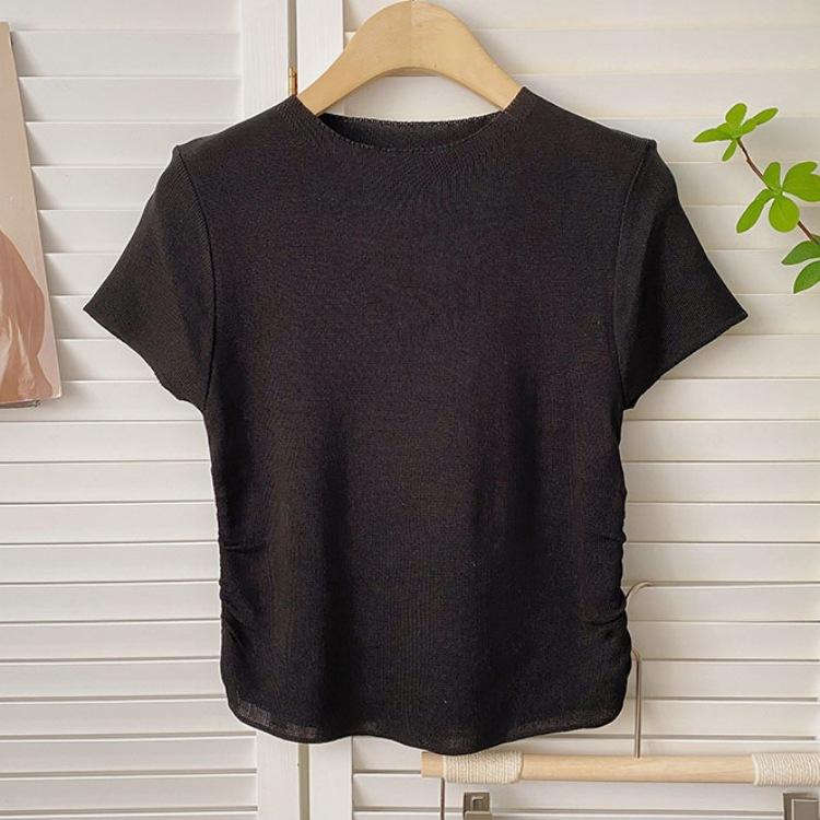 Summer Short-sleeved Knit T-shirt Female Chic Unique Design Sense Niche Slim Knit Tops Casual Essential Comfort and Style Slim Fit Pullovers Tees