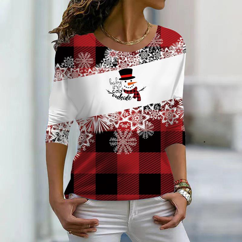 Women Autumn Tops Christmas Snowman Print Causal Long Sleeve T-shirt Top Blouse