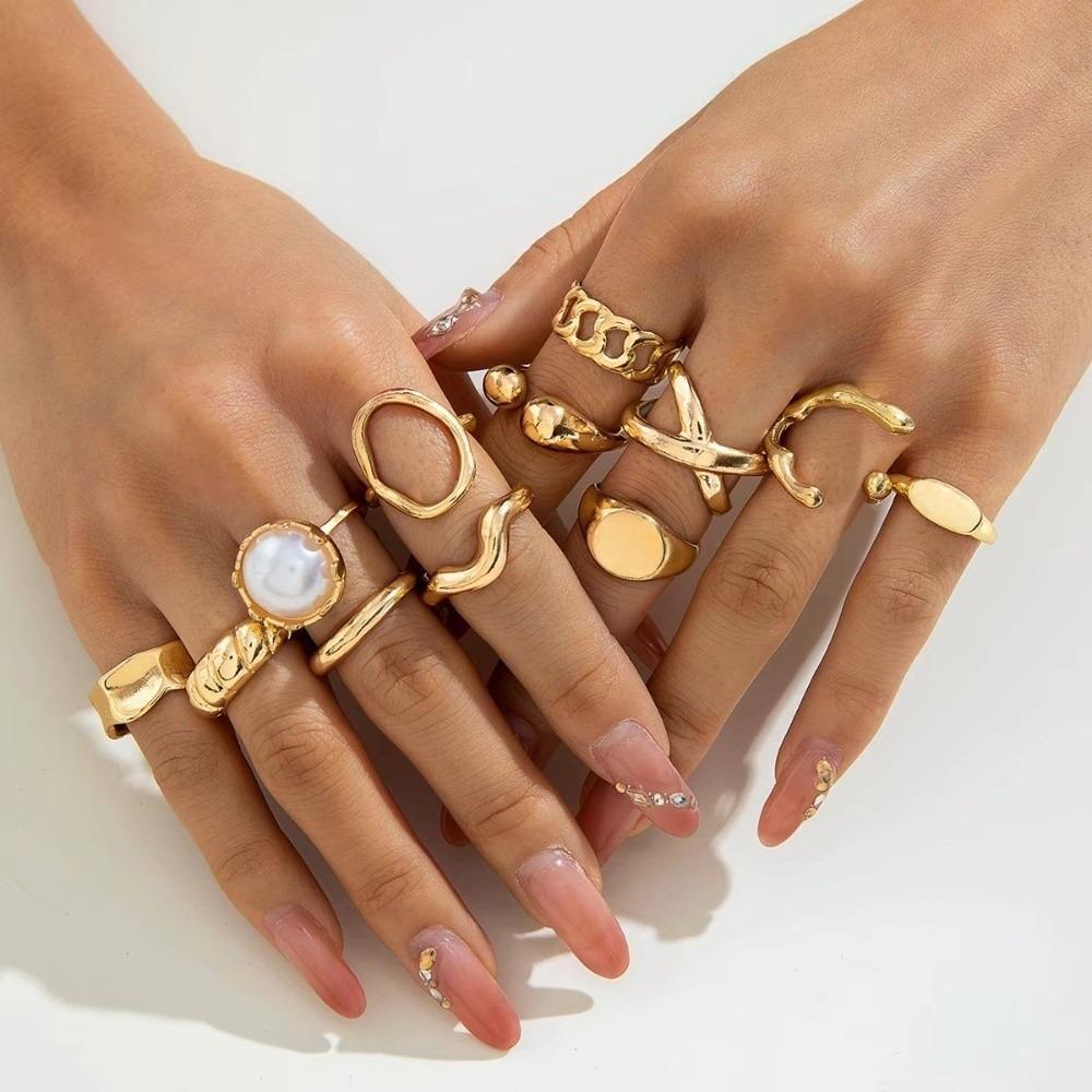 6/8/12 pcs/set Gold Sliver Open Ring Sets Zinc Zinc Alloy Floral Ring Elegant Geometric Baroque Ring Gift