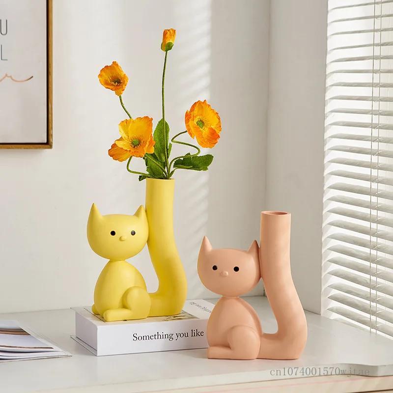 Nordic Resin Cute Cat Shape Vase, Home Dining Table, Bedroom, Living Room, Flower Decorations Accessories, Floral Ornament, 1Pc