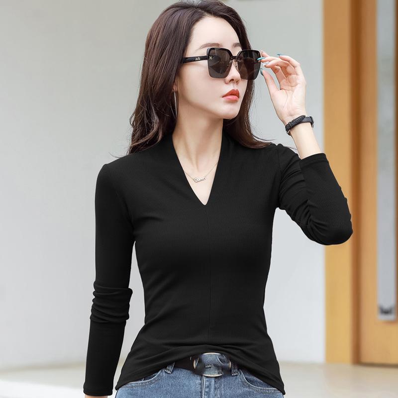 Women Solid V-Neck Plus Velvet Thicken Warm Long Sleeve T-Shirts Fashion Slim Pullovers Bottoming Shirt Tops