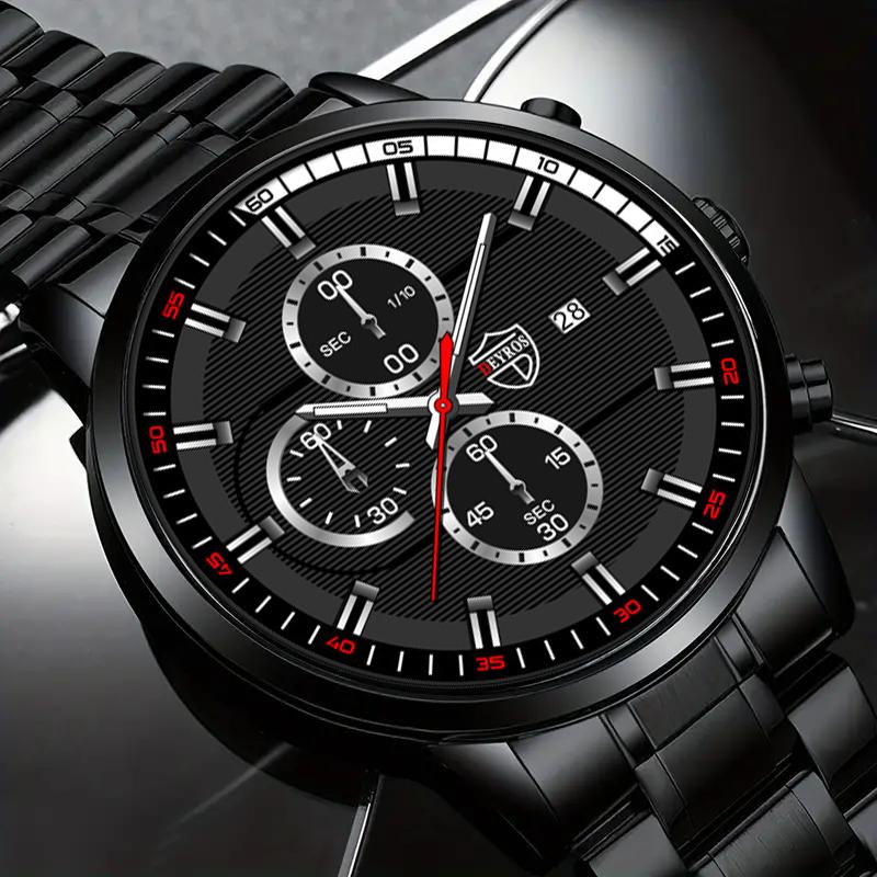 Fashion Men's Calendar Watch Mens Stainless Steel Wristwatch Casual Man Quartz Watches Bracelet Necklace Set Date Clock