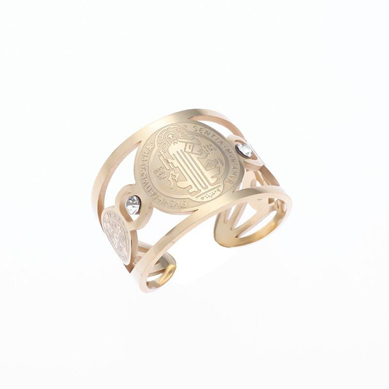 Stainless Steel Catholic Exorcist Saint Benedict Religious Adjustable Size Ring Christian Religious Prayer Jewelry for Men Women