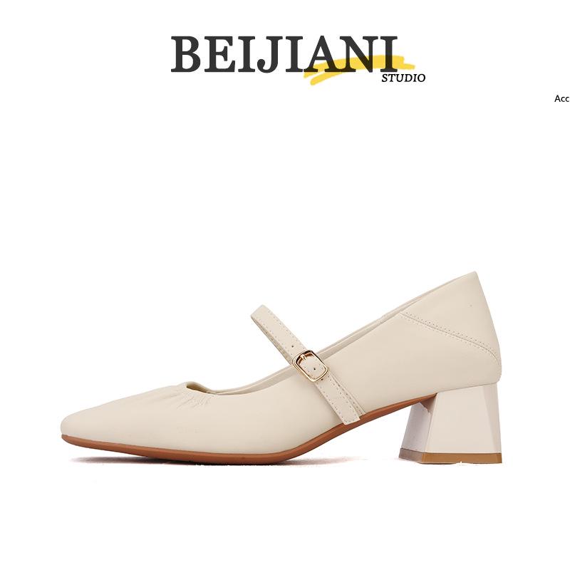 BEIJIANI Mary Jane na grubym obcasie ze skóry owczej - Damskie miękkie skórzane buty z jednym paskiem