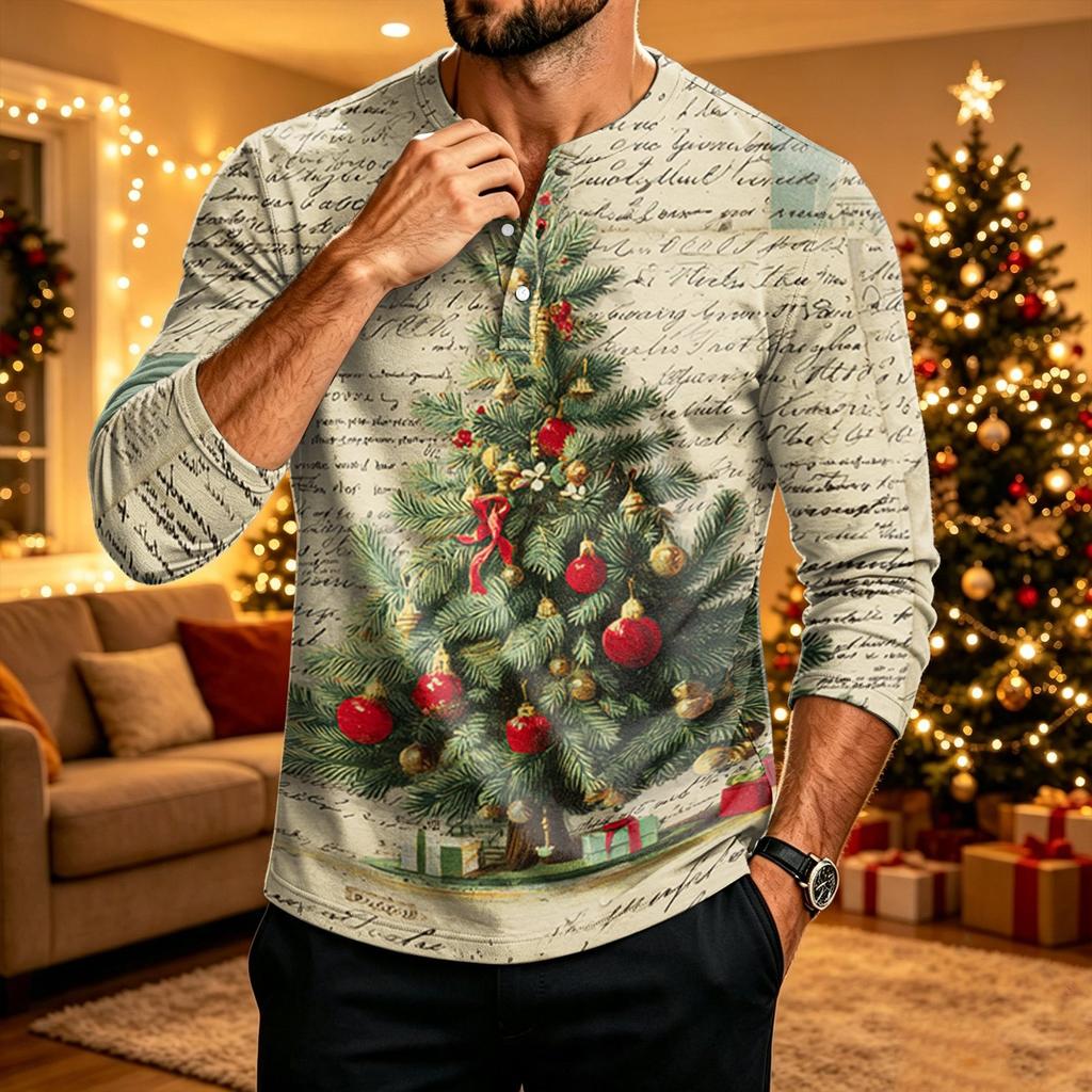 Men's Christmas Long Sleeve Shirt with Printed Design