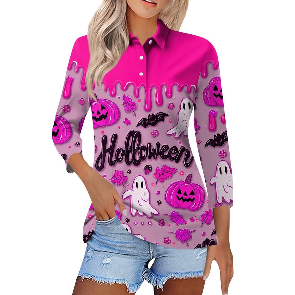 Dammode Casual Revers Kort 3/4 Ärm Halloween Tryck Skjorta Dambutton Up Toppar