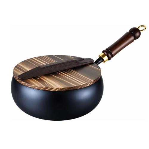 11-inch/28cm Wok with Wooden Cover, Large Capacity Iron Frying Pan, Uncoated, High-Temperature Refined, Anti-Oil Splash Design, Gas/IH Compatible, Pro