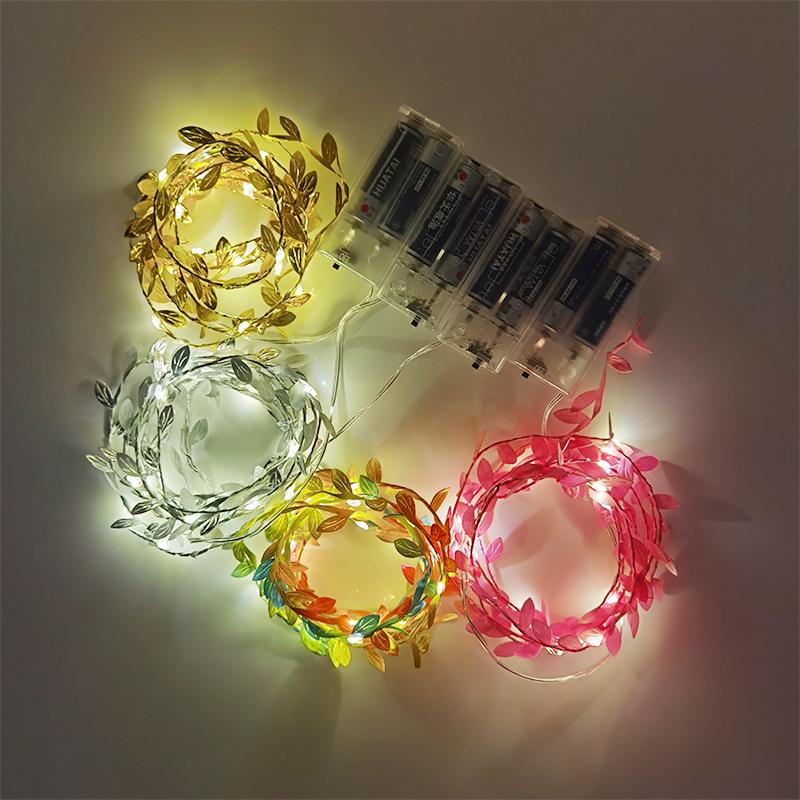 2 m lange, grüne Blättergirlande mit 20 LEDs, künstliche Blätterranke für Weihnachts-, Heim-, Hochzeits-, Geburtstags- und Partydekorationen