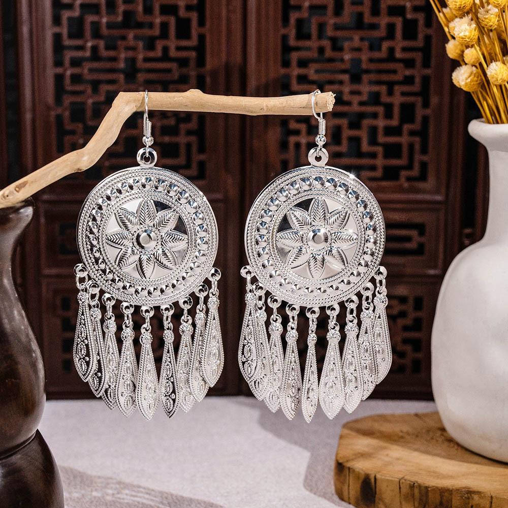 Vintage Miao Silver Minority Wind Earrings Personalized Bohemian Style Flower Long Fringed Earrings