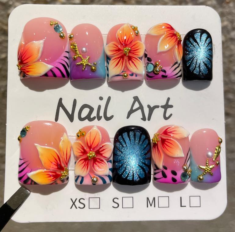 10Pcs French Handmade White Flower Press On Nails Full Cover Fake Nail Tips Stick On False Nails
