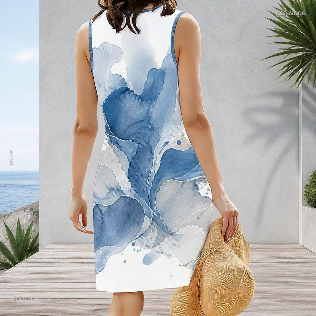 Women Plus Size Sleeveless V Neck Tank Dress Colorful Abstract Stripe Print Casual Dress