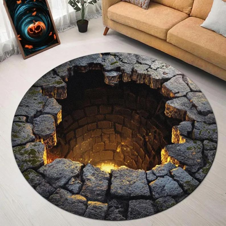 3D Vision Fire Pit Rug Anti-slip Living Room Decoration Round Carpet Waterproof Rugs for Bedroom Washable Bedside Creative Mat