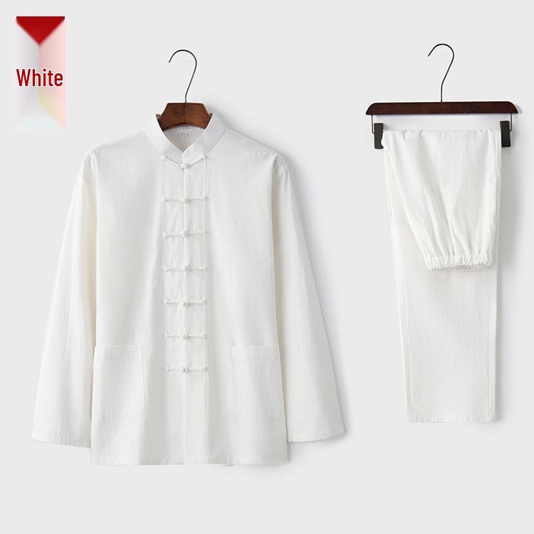 Herren Langarm Baumwolle & Leinen Tang-Anzug: Zweiteiliges Set im chinesischen Retro-Stil mit Froschknöpfen für Herbst und Frühling