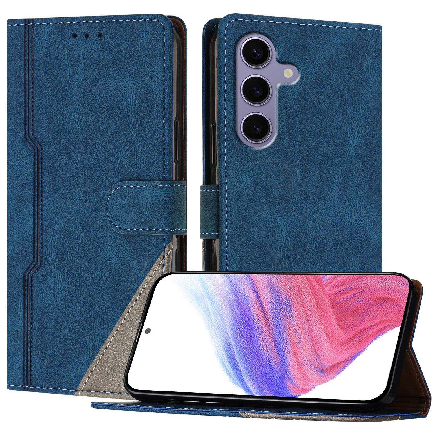 

For Samsung Galaxy S24 FE Leather Case Triangle Patchwork Wallet Stand Shockproof Phone Cover Blue