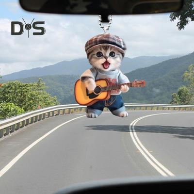 Cute Guitar Cat Car Hanging Ornament Rear View Mirror Pendant Charming Acrylic Flat Car Interior Accessories