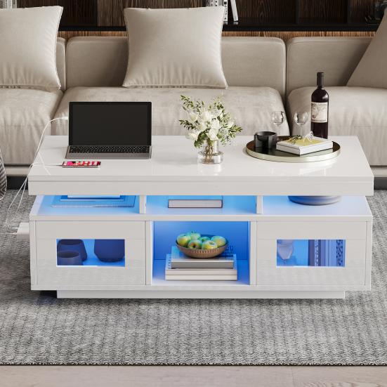 100x50x43cm Schwarzer Hochglanz-Couchtisch, mit steuerbaren LED-Leuchten, Mobile App, Wohnzimmertisch mit Schrank, Sofatisch mit Ladeanschluss und