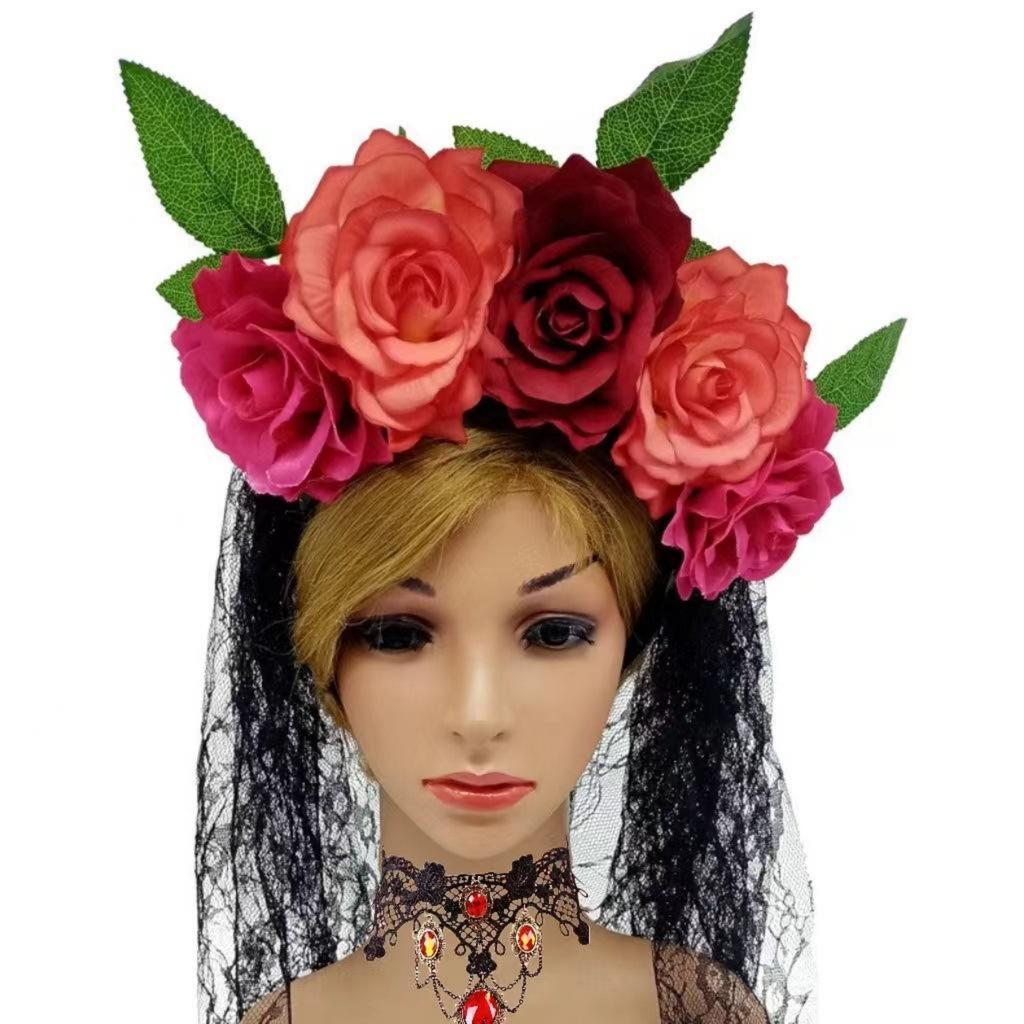 Halloween Headband Wreath Simulated Rose Flower Headband Lace Veil Bridal Party Headband Headband