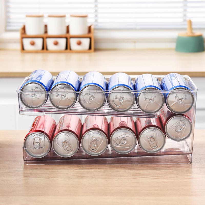 Mingxi Double-Layer Beverage Storage Box: Food-Grade Refrigerator Organizer for Beer and Cola Cans.