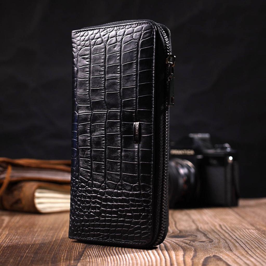 Prostorná dámská peněženka z pravé kůže s krokodýlím reliéfem BOND-WALLET 21980 Černá