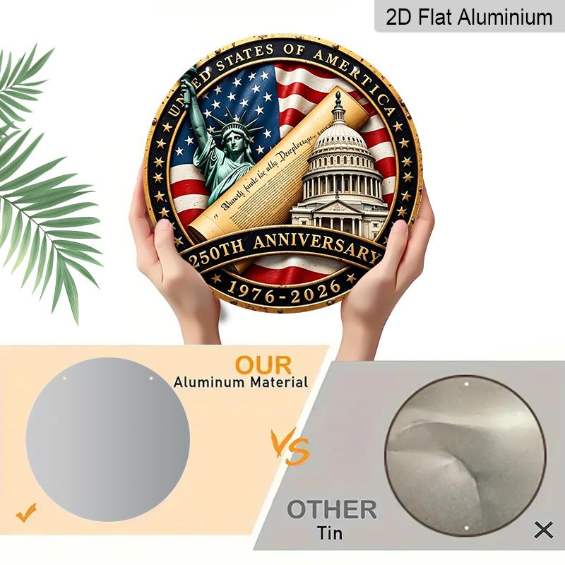 2D Flat, A Round Aluminum Anniversary Wall Decoration, Featuring Patriotic Art of The Statue of And The Capitol, Suitable for USA 250th Anniversary