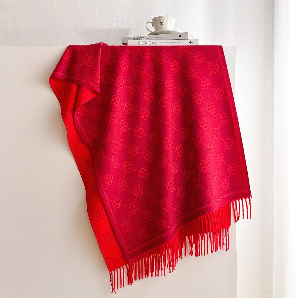 Luxury Winter Red Cashmere Scarf Women Fashionable Flower Print Neckerchief Thickened European And American Warm Shawl